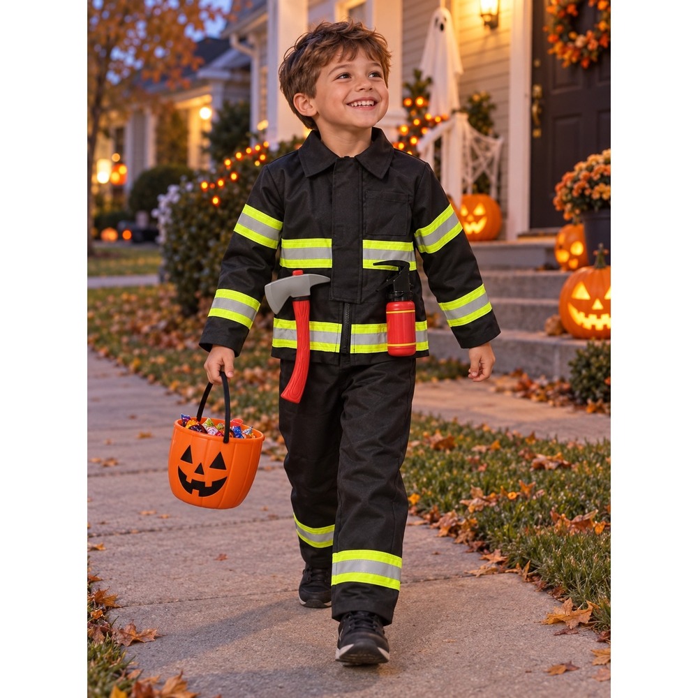 Halloween Kids Firefighter Costume Set Black W/ Reflective Stripes & Tools 3T